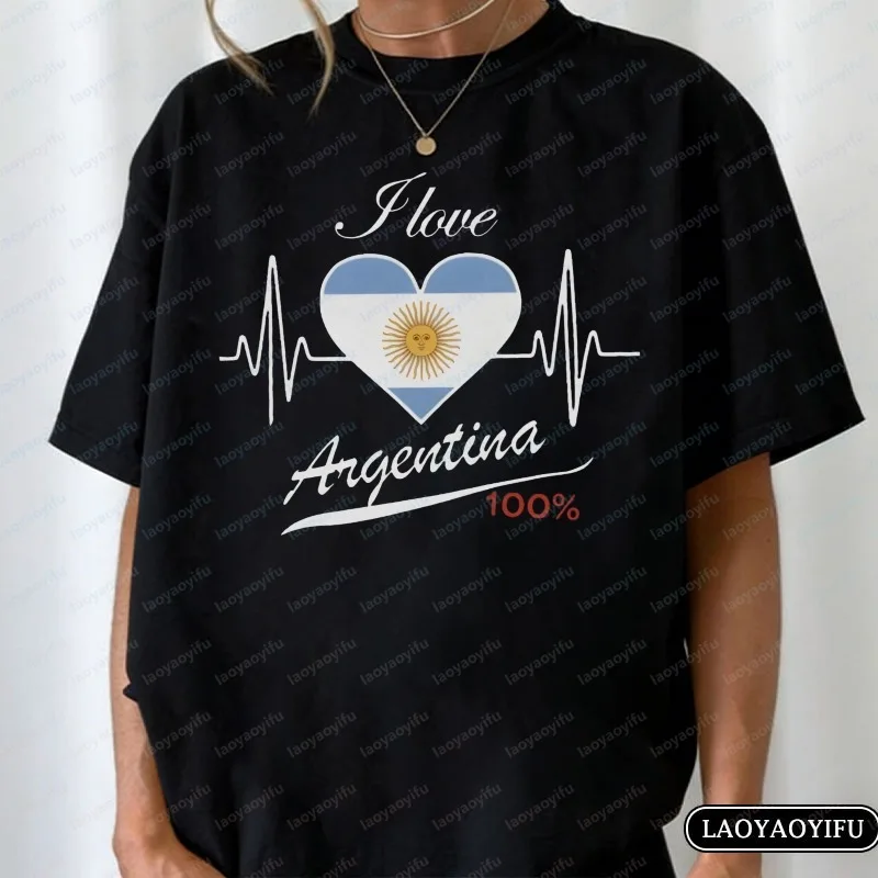 

I Love Argentina T-Shirt for Women Heartbeat Sol De Mayo Casual Cotton Tee Vintage Argentine Pride Tops Soccer Part Supplies