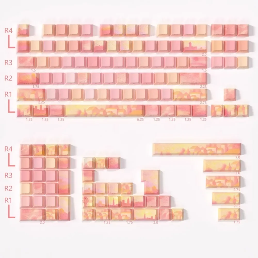 PIIFOX PBT OEM Profile Keycaps Thermal Sublimation Pink Thing Oil Painting Theme 130 Keys Transparent Translucent Side Engraving