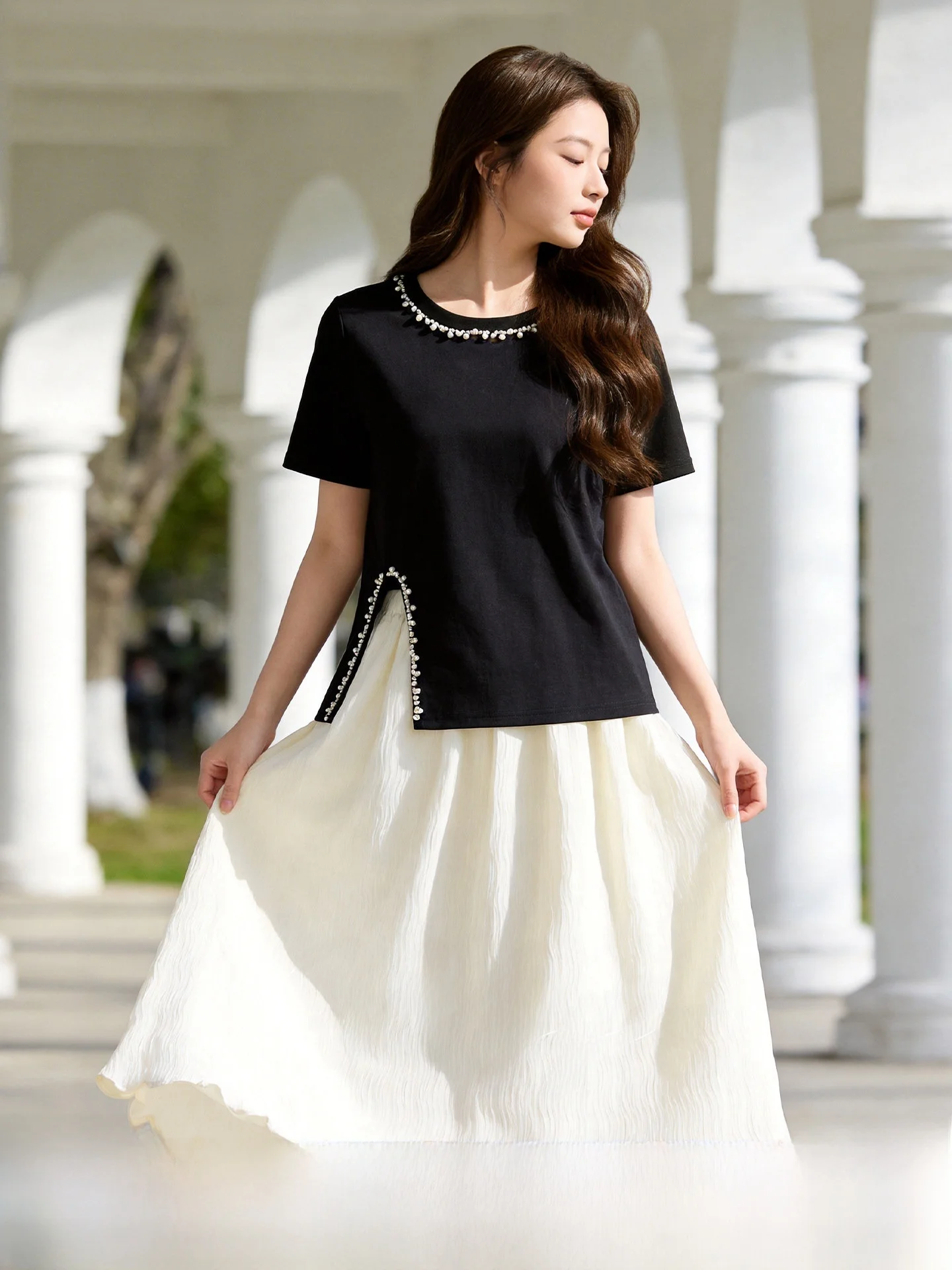 

Летний модный комплект больших размеров: юбка с боковым разрезом и плиссировкой, топ, скрывающий недостатки фигуры, из смеси полиэстера и спандекса