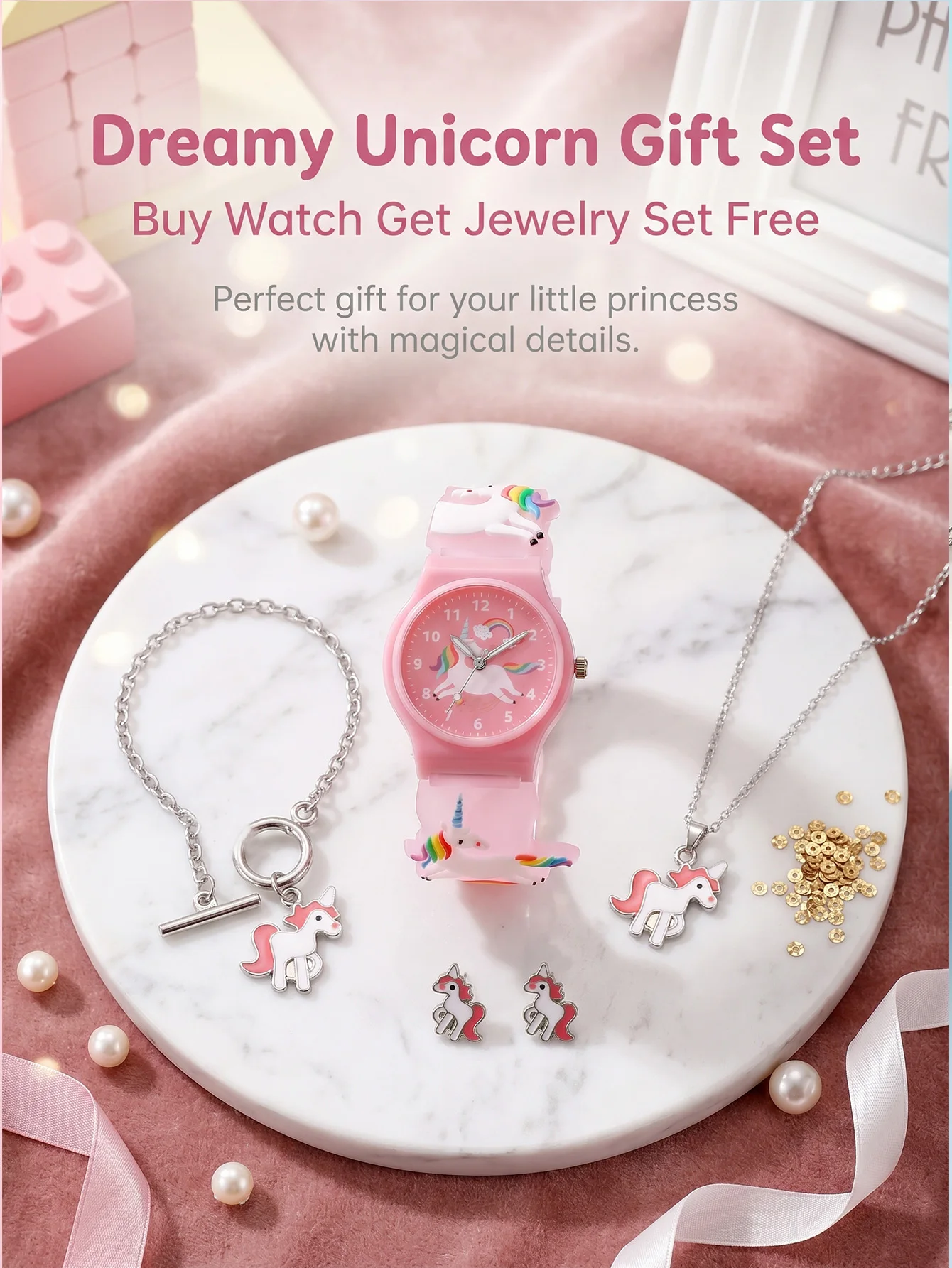 

1Set Kids Unicorn Watch Jewelry Set, No Box for Back To School, Vacation & Holiday Lovely Girls Daily Accessory Kit