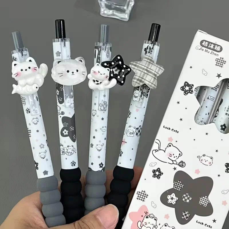 6/4 Pieces with Random Designs: Pink and Gray Sweet Cool Star Cat 3D Pendant, Soft Press Gel Pen with Black Ink, Healing Milk-Style Design, Non-Bleeding on White Paper, Black and White Grid Star Cat Print Pen Body, Pai
