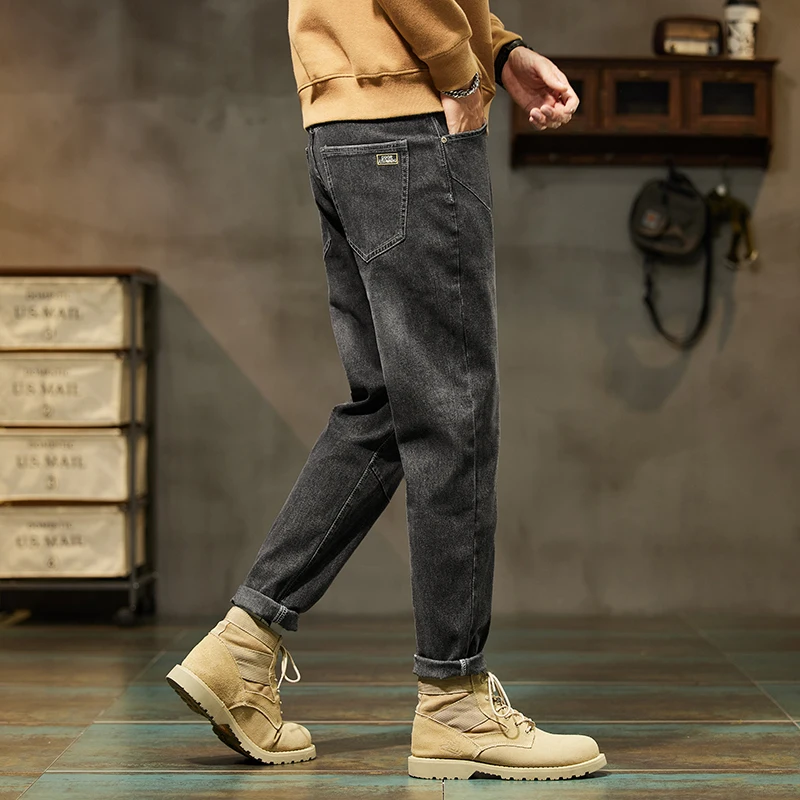 Fleece Thicked  Black Gray Jeans Men's Loose Straight Casual Slim-Fitting Middle-Aged Men Pants Winter Warm Trousers Male Cotton
