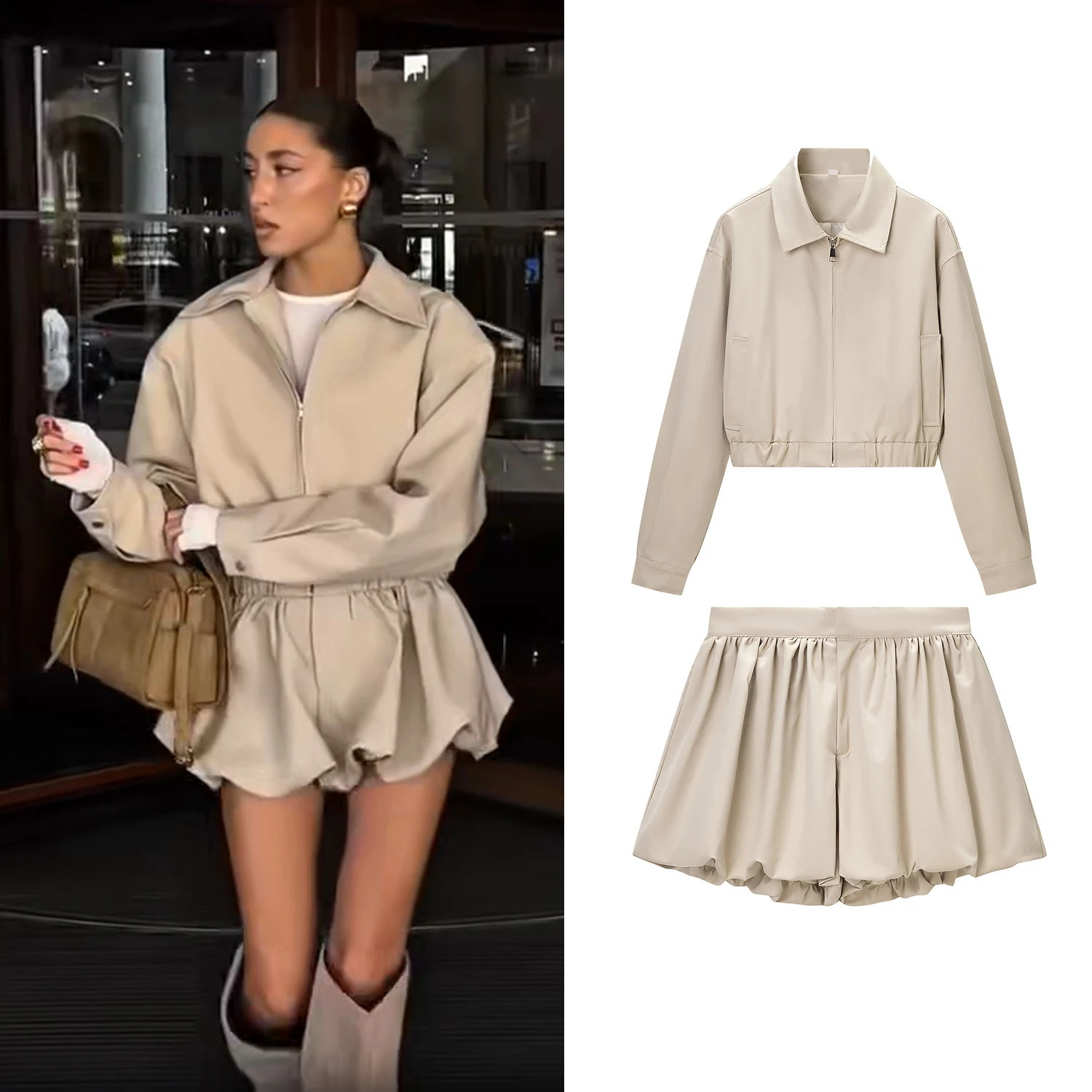 Women Fashion Casual Shorts Sets Female Zipper Jacket Long Sleeve Lapel Short Coats And Lady Chic Streetwear Balloon Shorts