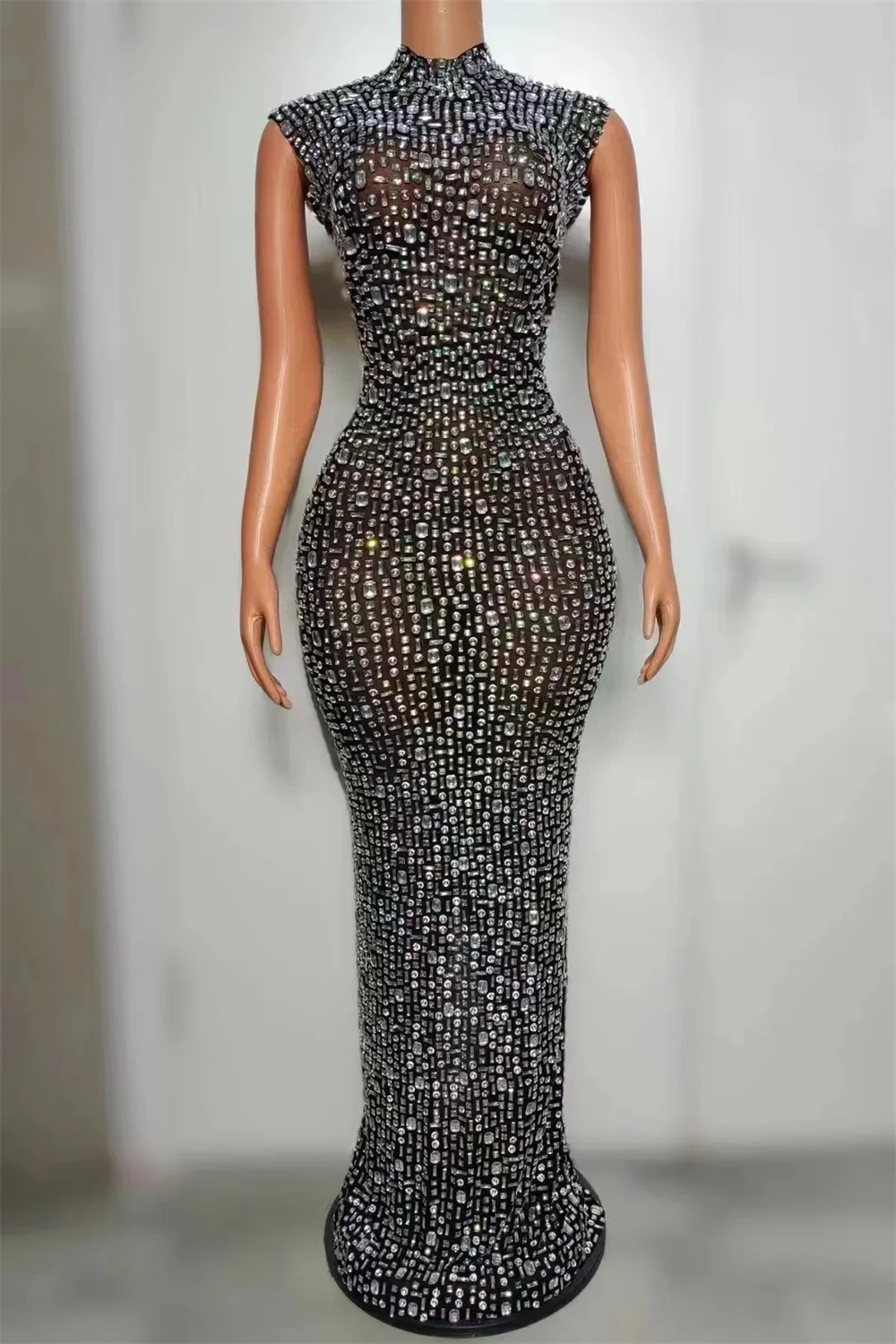 Robe Longue en Tissu artificiel astique pour Femme, Tenue de brev, de Soirée, de Spectacle, d'Anniversaire, de Scène, Argent, Strass, Miroir