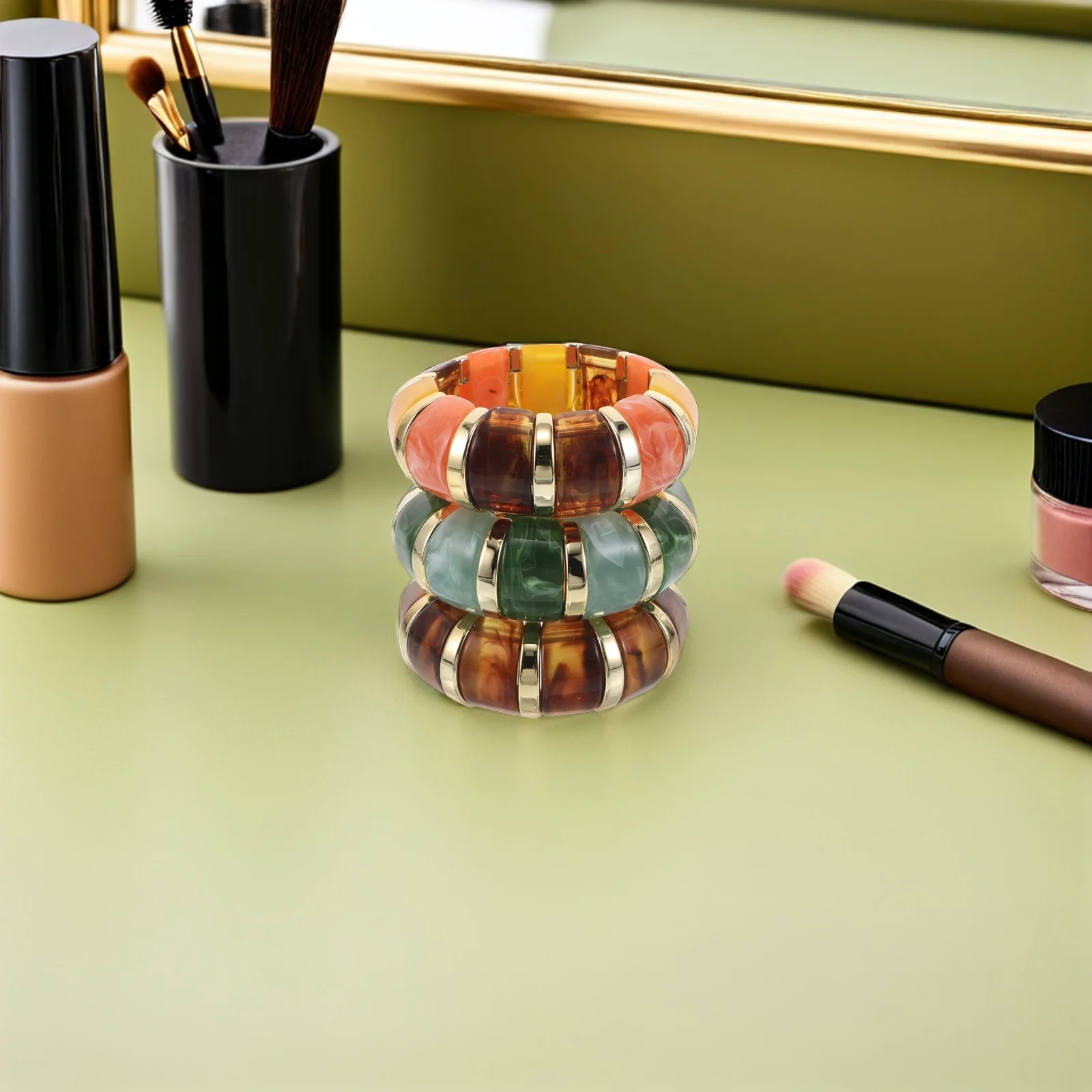 

3Pcs Fashion Bracelet Chunky Acrylic Wide Geometric Stretchy Elastic Bohemian Statement Wristband for Women Chunky Bangles