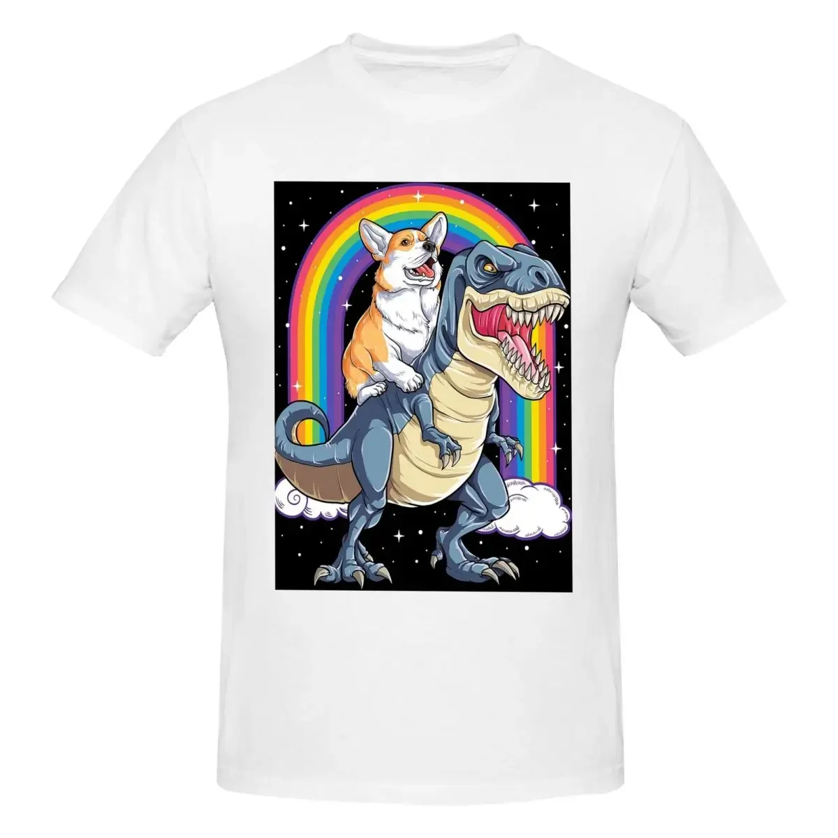Corgi Riding Dinosaur T Rex Shirt Funny Rainbow Dog 100% Cotton T-shirt Unisex Oversized T Shirts Men crew Neck Short Sleeve