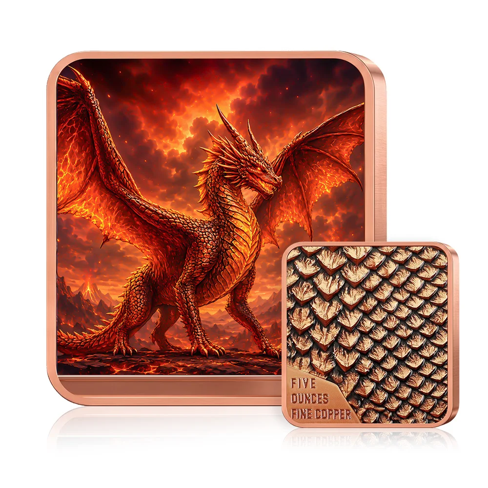 5 oz .999 Fine Copper Square Fire Dragon Lava Volcano Ember Wing Scale Armor Blaze Fantasy Colorized Art Gift