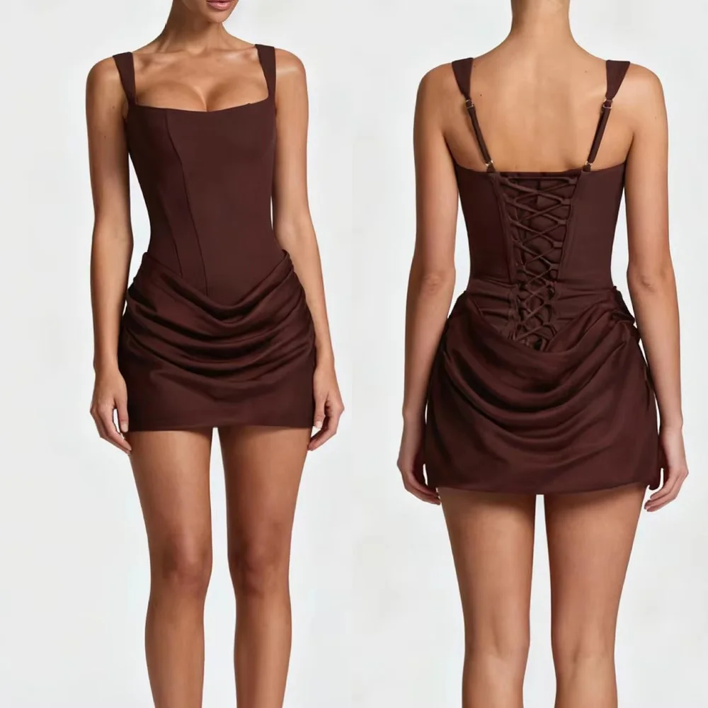 Sexy Drawstring Bandage Ruched Mini Dress Women 2026 Fashion Square Collar Spaghetti Strap Bodycon Summer Dresses Club Party
