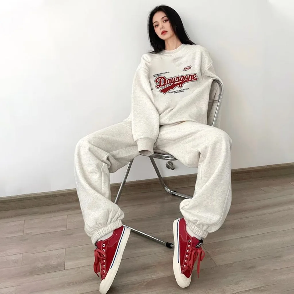 American Hoodie Set For Women Casual Sporty Print Tracksuit 2025 Winter Loose Hoodies Ankle-Length Sweatpants Girl Two-Piece Set