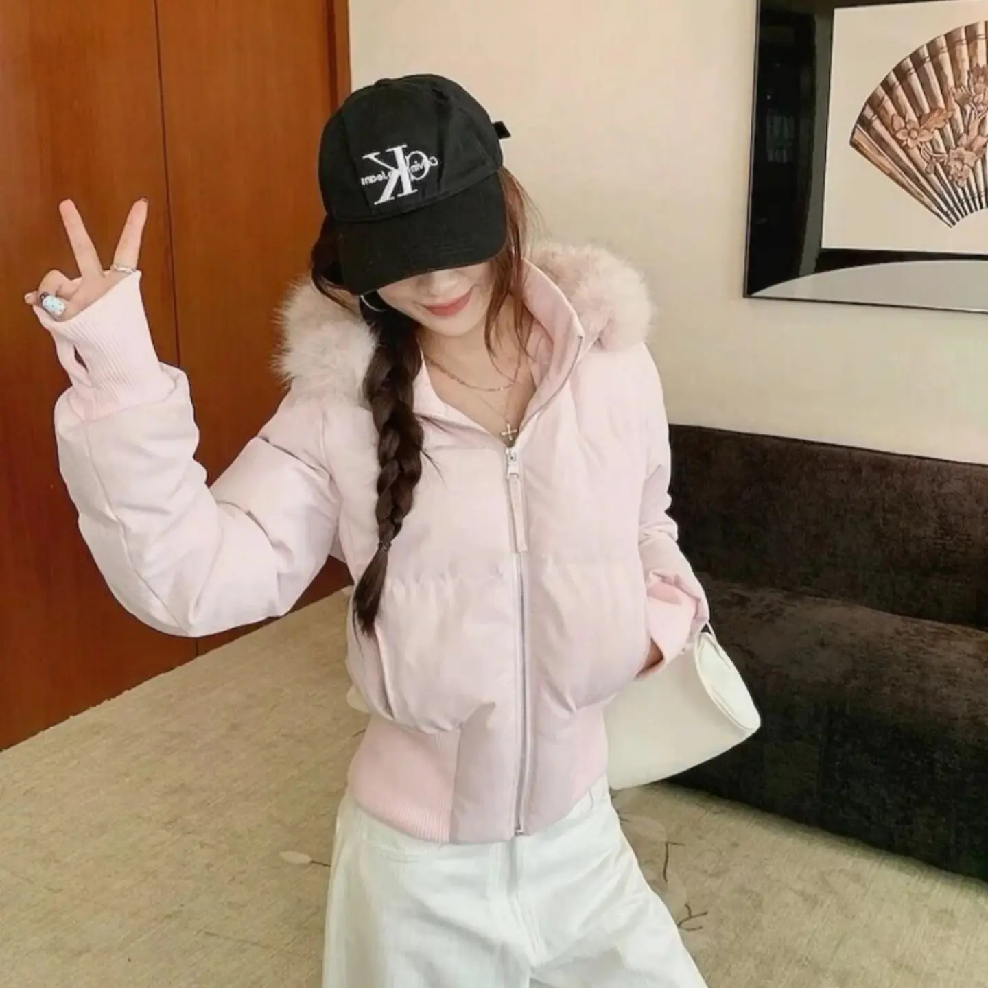 Women's Short Down Jacket Faux Fur Hooded Zip Rib Hem Long Sleeve Winter Warm Slim Fit Quilted Padded Jacket