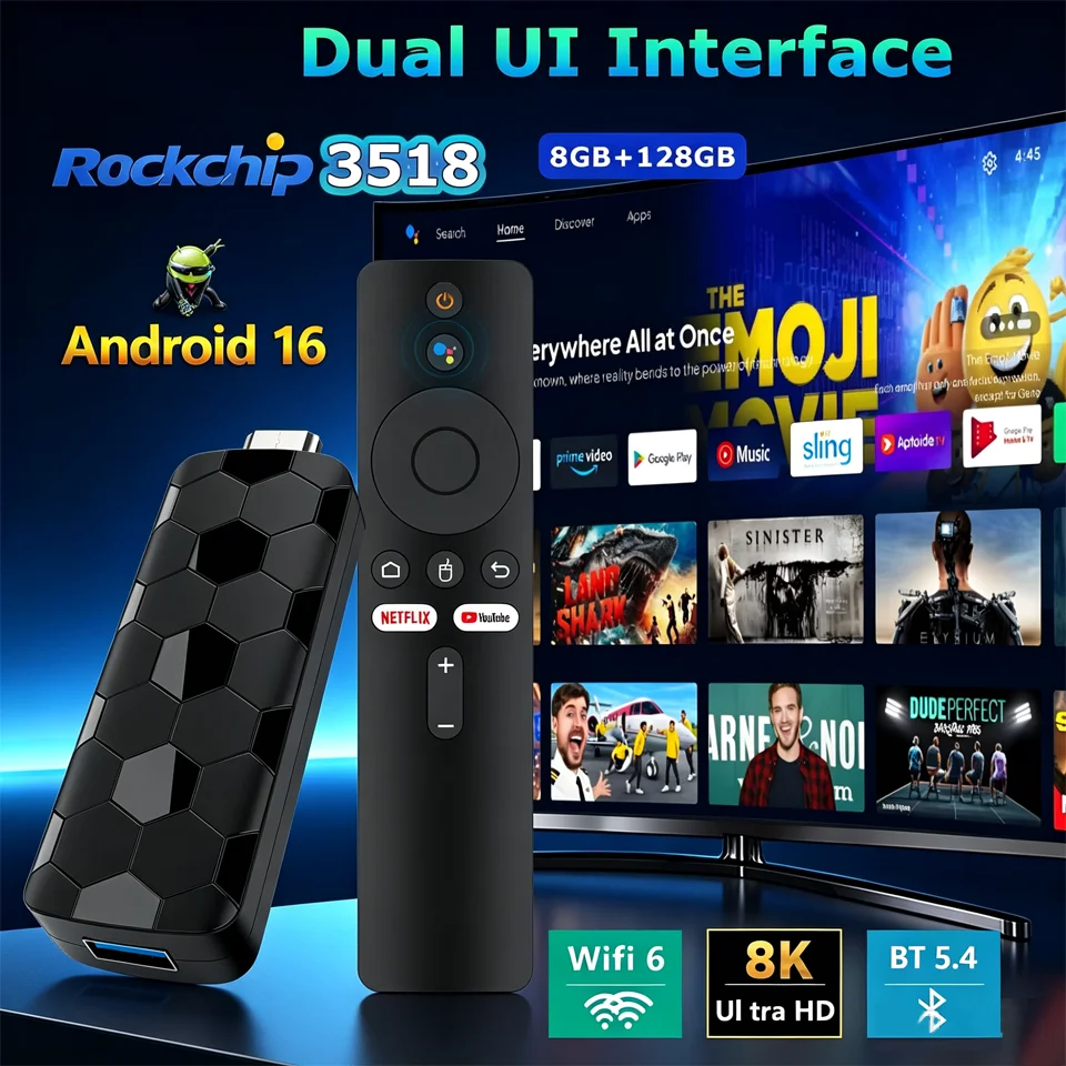 2026 New R3+ Smart Android TV Stick Rockchip RK3518 with Wifi6 Dual Brand 8GB 128GB 8K 3D HDR Google Voice Remote DC 5V 2A