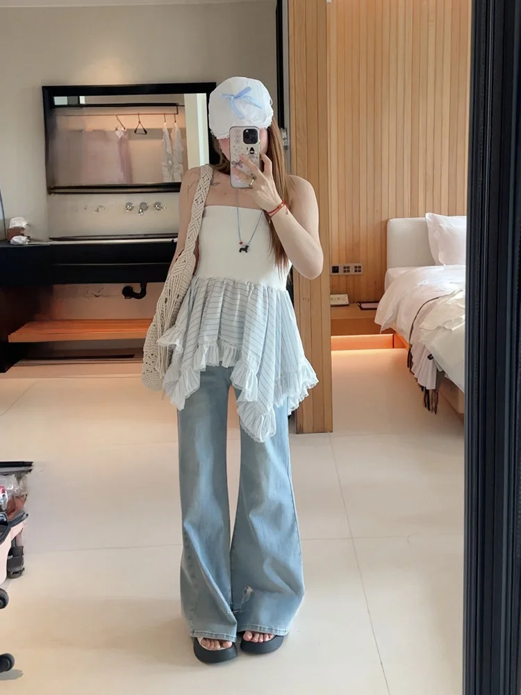 

Джинсы с высокой талией, однотонные, с широкими штанинами, слегка расклешенные, из бамбукового хлопка, для женщин больших размеров