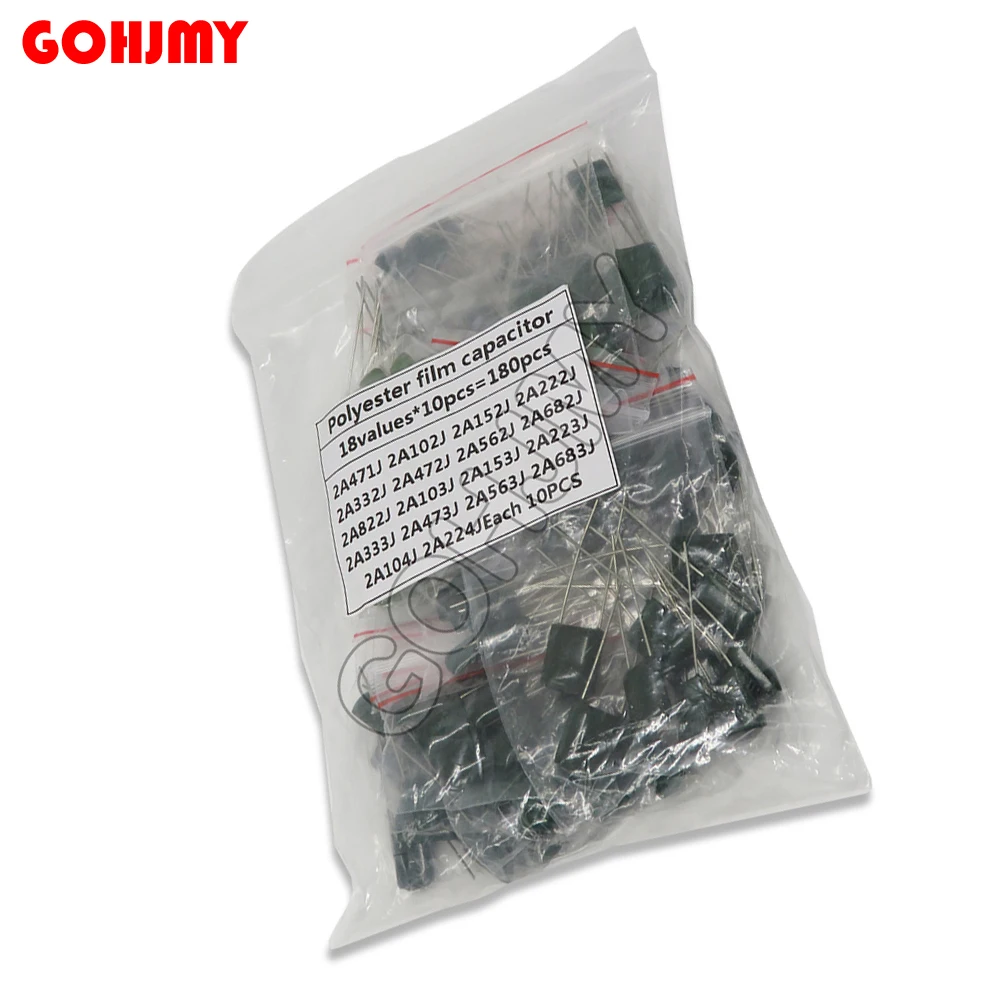 180PCS=18value*10PCS Polyester film capacitor Assorted Kit contains 2A104J 2A223J 2A332J 2A472J 2A103J 2A333J 2A473J 2A563J 