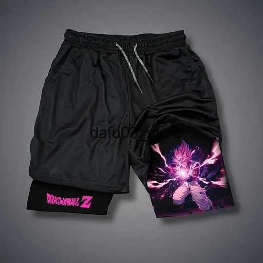 Anime Goku 2 in 1 Pantaloncini sportivi da uomo Quick Dry Allenamento Corsa Allenamento in palestra Compressione Pantaloni corti Fitness estivo