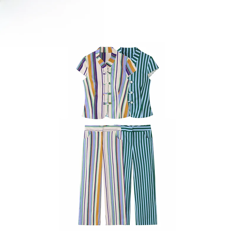 Conjunto de Dos Piezas para Mujer, Top a Rayas con Nudos y Pantalones Rectos, Nuevo Modelo de Verano, Fibra de Poliéster, Pan...