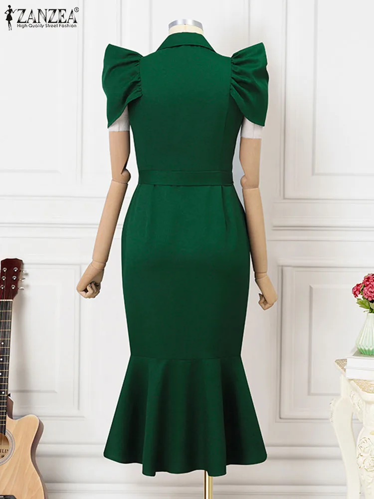 ZANZEA Elegant Slim Suit Dress Summer OL Mermaid Dress Women Fashion Chic Puff Sleeve Belted Midi Vestidos Notched Collar Robes