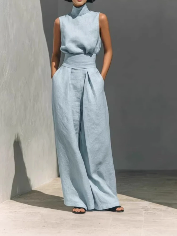 Hochwertiges Casual Zweiteiler-Set für Damen Sommermode Elegantes Hosen-Set Ärmelloses Rollkragen-Top + Weite Hose