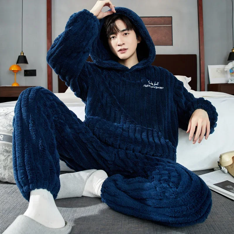 New Winter Men\'s Pajama Sets 2024 Thick Warm Hooded 2 Piece Homewear Set for Men Flannel Sleepwear Loose Long Sleeve Pajamas Men