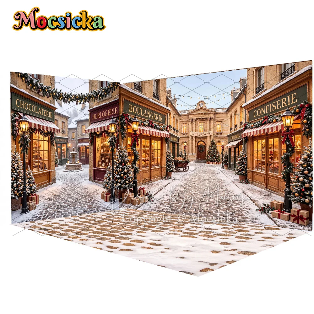Mocsicka 3D Christmas Street Backdrop Photography Snowy Town Xmas Street Bakery Shop Vintage Lantern Backdrop Kid Family Photo
