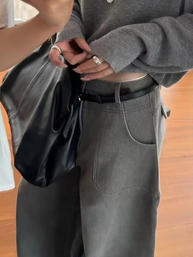 Loose Relaxed Jeans Retro Washed Side Pressure Arc Large Pocket Mopping Pants