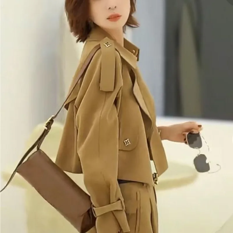 Net celebrity fashion suit 2024 spring autumn New England style commuter casual short trench coat + suit pants Women's Clothing