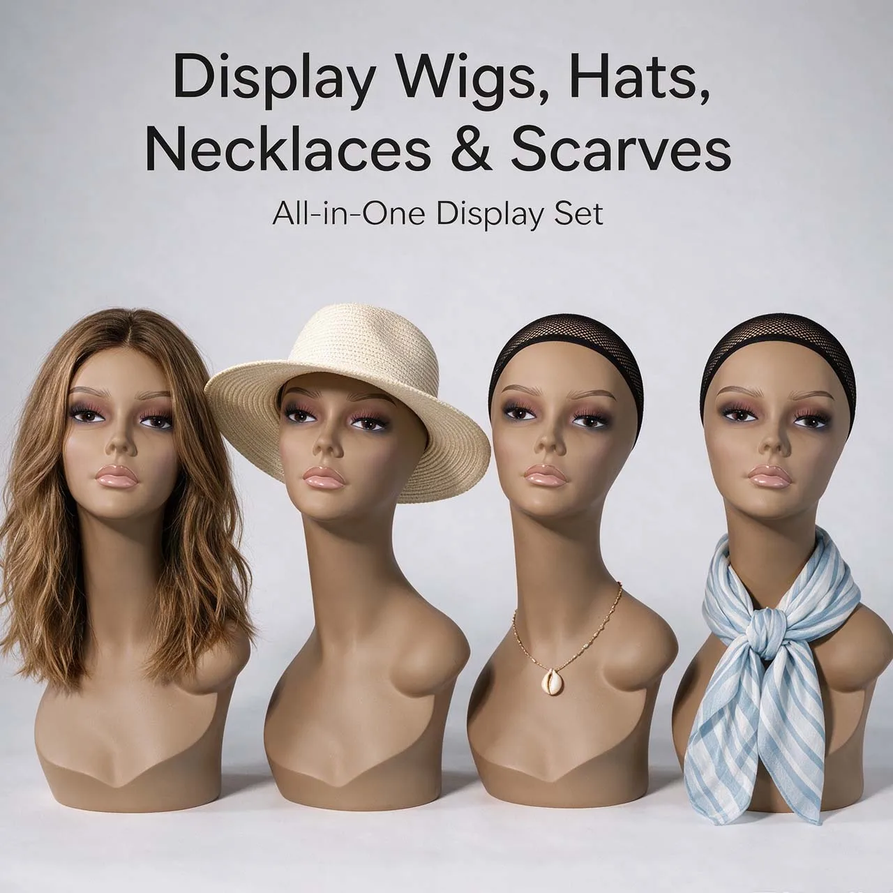 4PC  Mannequin Bust Head PVC Realistic Makeup Manikin With Shoulder Dummy Head for Wigs Hats Scarves Necklace Jewelry Salon Display Photography Prop