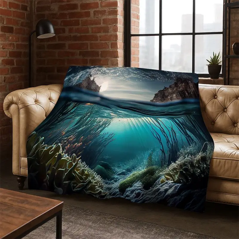 Underwater Sea World Marine Life Cartoon  Flannel Blanket Soft Throw Blanket for Bedroom Living Room Bed Travel Camping Picnic