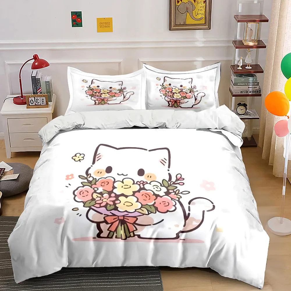 Cute cat holding bouquet illustration Printed Duvet Cover Set 1 Duvet Cover+2 Pillowcase Multi Size Bedroom Bedding Decoration