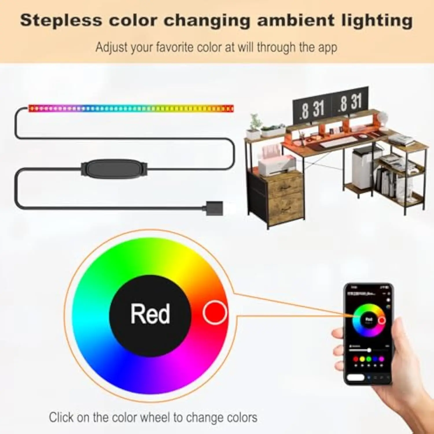 Mesa de jogos em forma de L com gavetas, mesa de computador reversível de 67 polegadas com luzes LED, mesa de trabalho com tomada de energia para escritório doméstico