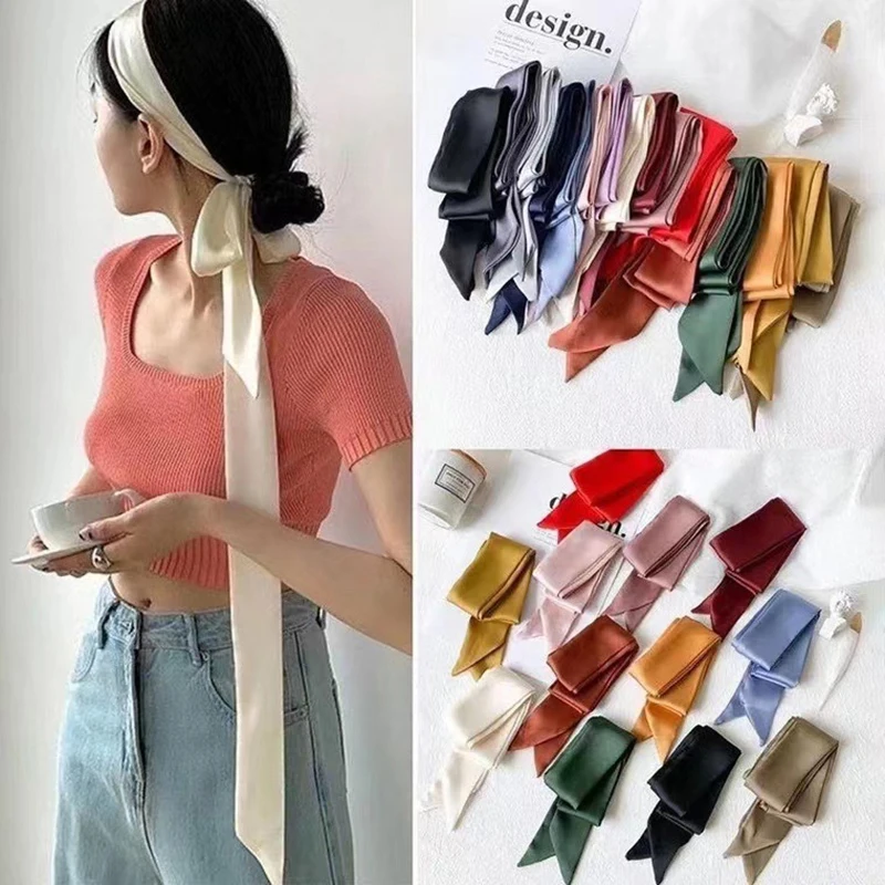 5x200cm Satin Silk Narrow Scarf Neckerchief Solid Neck Scarves Long Silk Thin Scarf Head Neck Hair Band Bag Ribbon Headbands DIY image 3