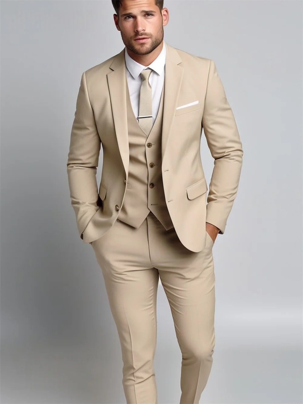 

Classic champagne color Men's Prom Suit 3PCS Formal Suit For Groomsmen Suits Including Jacket Vest Pants Suit Customized