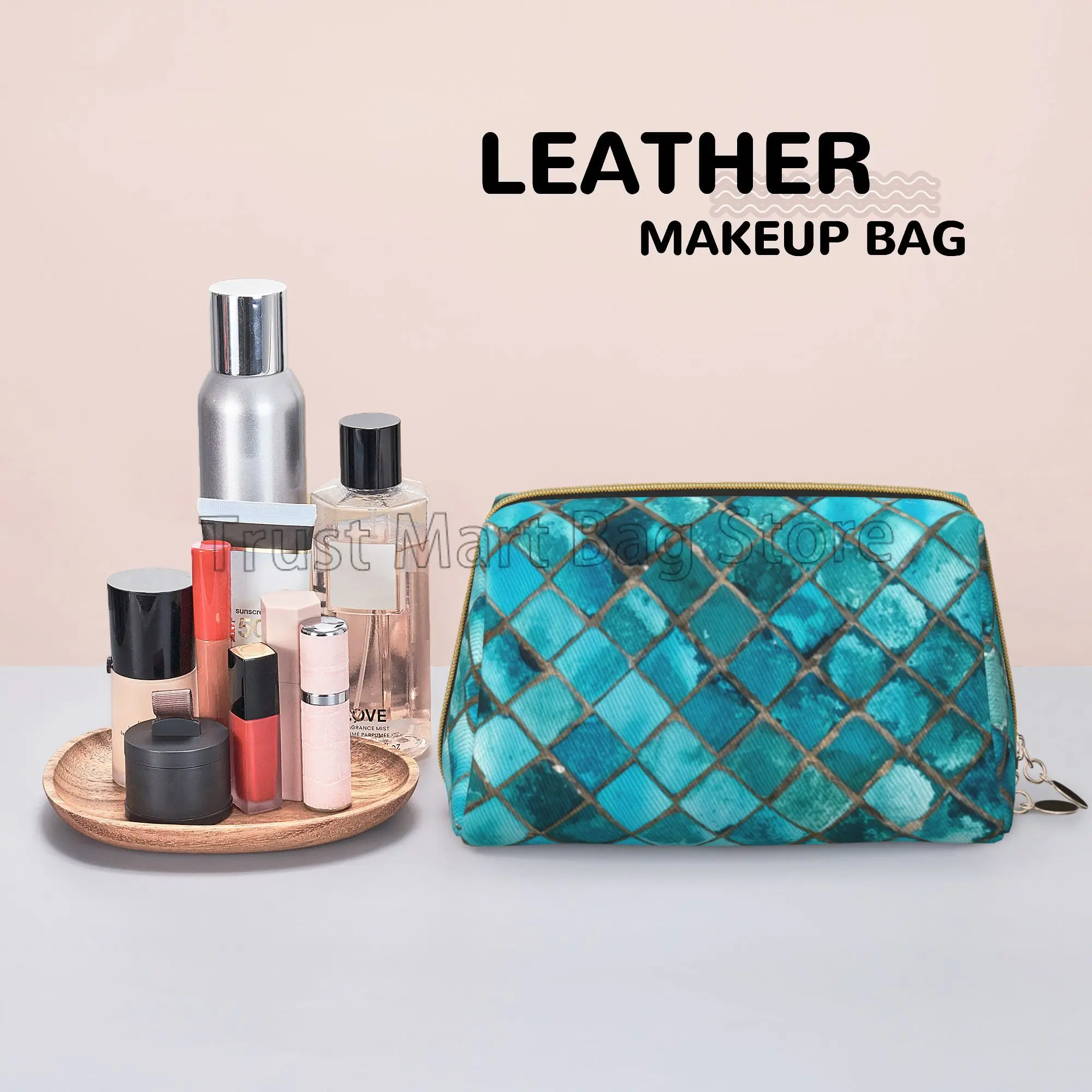 Turquoise Blue Makeup Bag Leather Women Travel Toiletry Pouch Cosmetic Bag Portable Multifunctional Storage for Friend Wife Gift