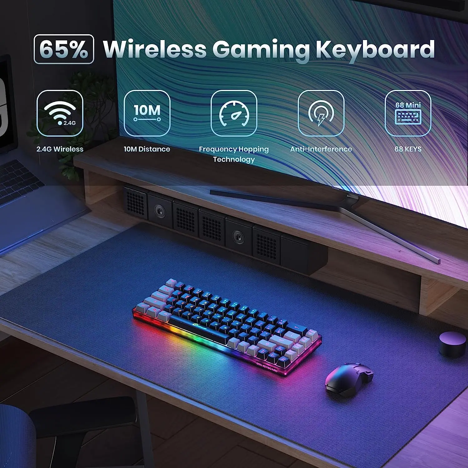 GEODMAER Wireless Gaming Keyboard Rechargeable Backlit Gaming Keyboard 68 Keys Anti-ghosting No-Conflict 2.4G Keyboard for PC