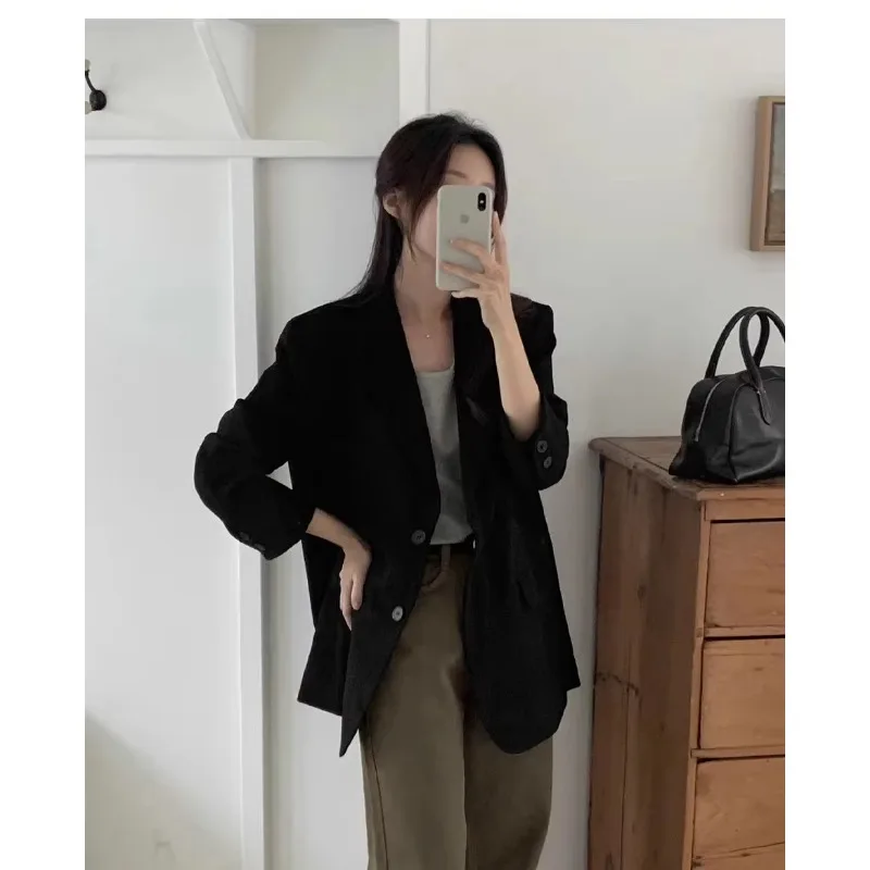 Insozkdg 2024 novo café de manga comprida jaqueta feminina primavera outono solto casual topo cor sólida blazer all-match casacos high-end