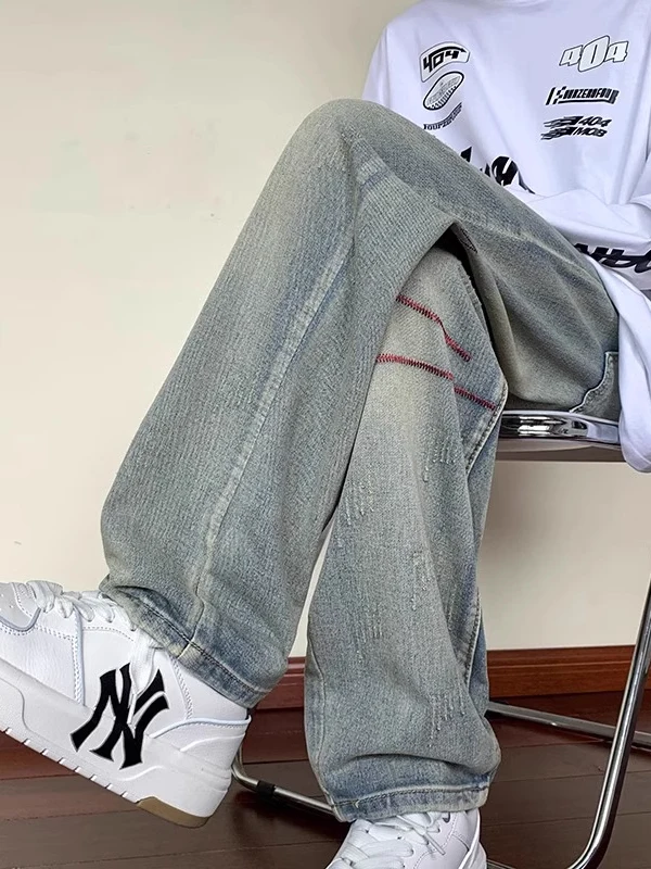 

Extra Large 300 Pou American Trendy Brand Embroidered Jeans Men's Spring Autumn High Street Haome Loose Wide Leg Straig...