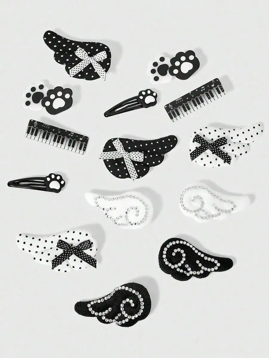 

14Pcs Black And White Polka Dot Hairpins With Wings Bow Cat Claw Piano Design Rhinestone Hair Accessories