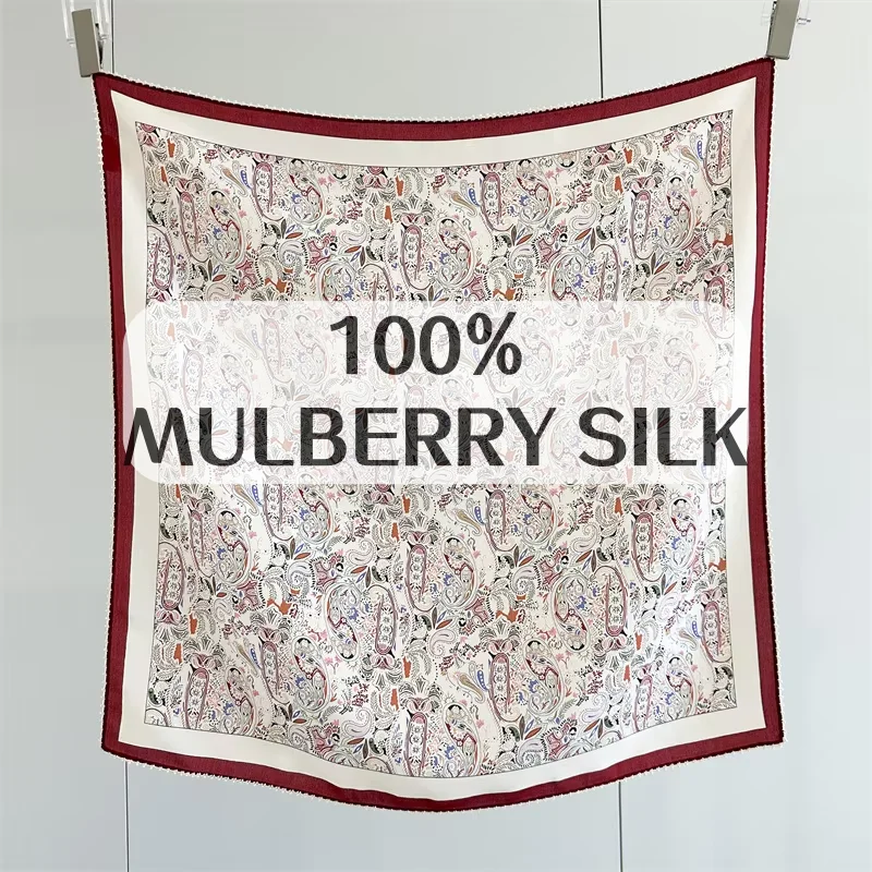 100% Mulberry Silk Scarf for Women Burgundy Border Satin Square Scarf Versatile Neck Headband Bag Tie Neckerchief for Office