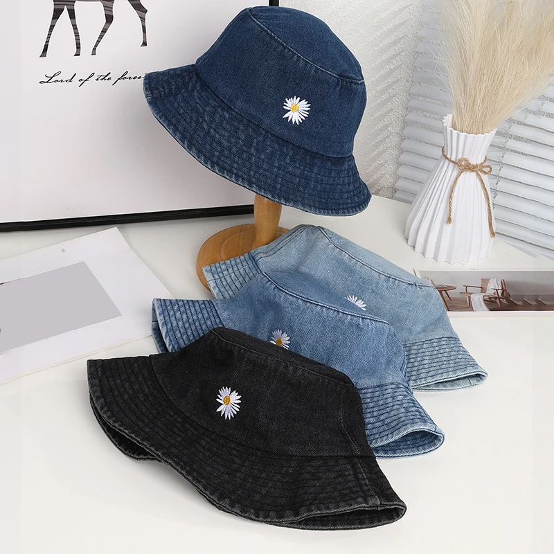 Washed denim embroidered daisy fisherman hat - Korean version, retro outdoor, versatile and comfortable casual hat