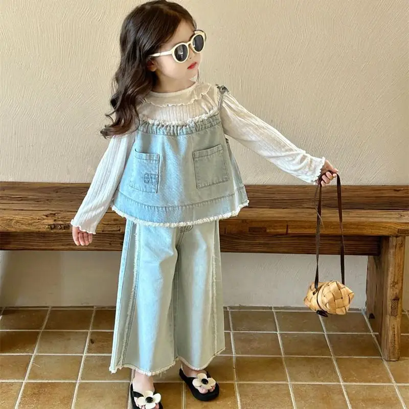 

Baby Girls Children Denim Spring Autumn Kid Fashion Sweet casual Korean Jean Suspender top+Loose Pants+Tshirt 3Pcs Kids Suit Set