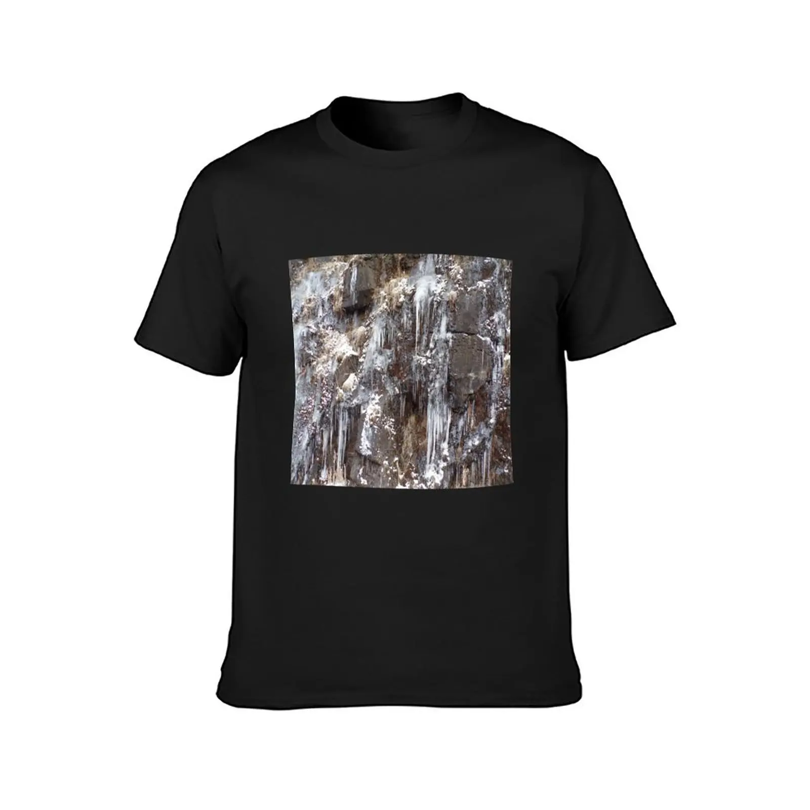 Ice flow on side of hill over stone in the middle of winter T-shirt heavyweights Aesthetic clothing mens cotton t shirts