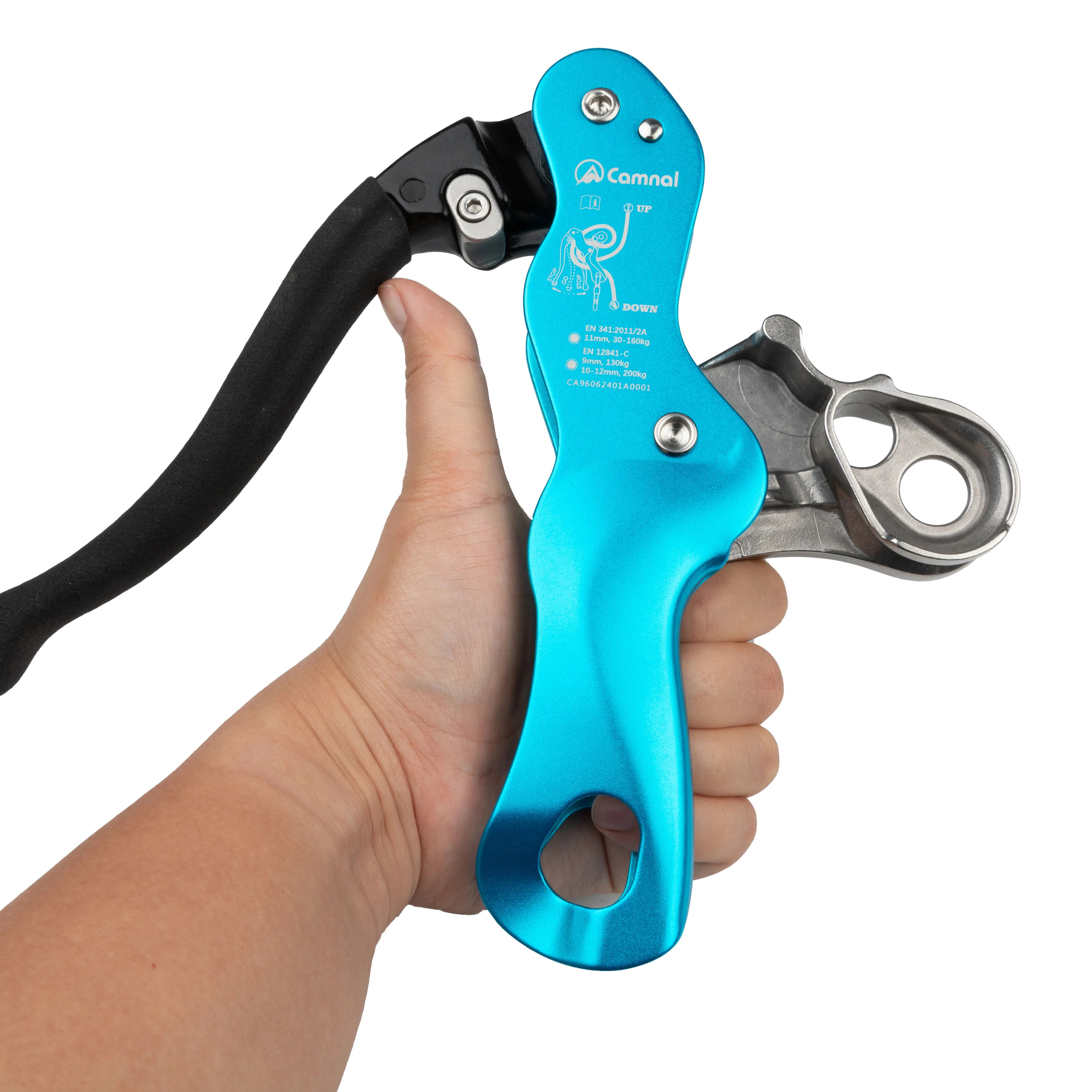 Camnal Manual Control Load Capacity 150 KN Rappelling Belay Device Anti-panic Double Stop Descender Aluminum Alloy + Climbing