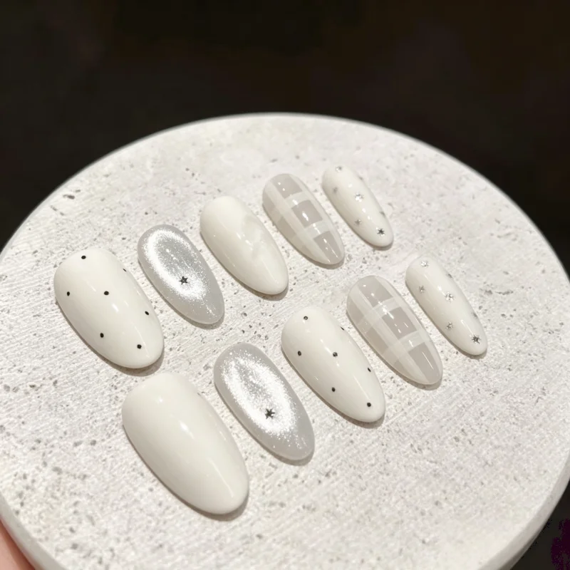 30Pcs Press-On Nails Milky White Checkered Star and Polka Dot Short Oval False Nails—Perfect for Girls and Everyday Wear