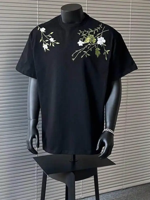 Pure Cotton Embroidered Short Sleeve T-Shirt Men's Summer Casual Style Floral Vine Design Breathable Half Sleeve Fashionable