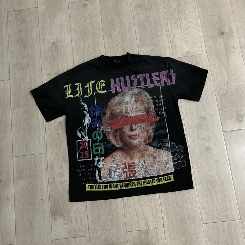New Stock Quality Cotton Casual Loose Round Neck Life Hustlers Short Sleeved Tops Street Brand Figure Print T-shirt