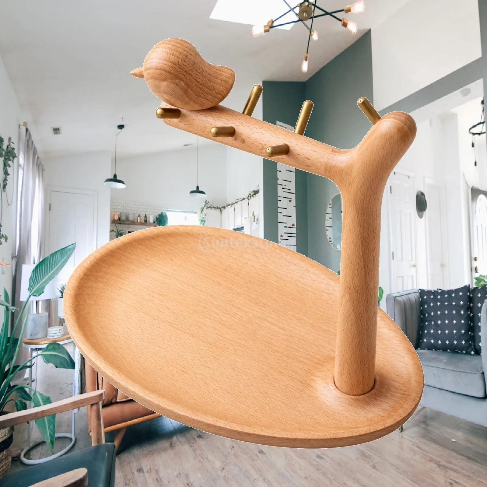 Wall Mounted Storage Rack Beech Wood Organizer Shelf with Hanging Branch for Desk Accessories Keys Cosmetics
