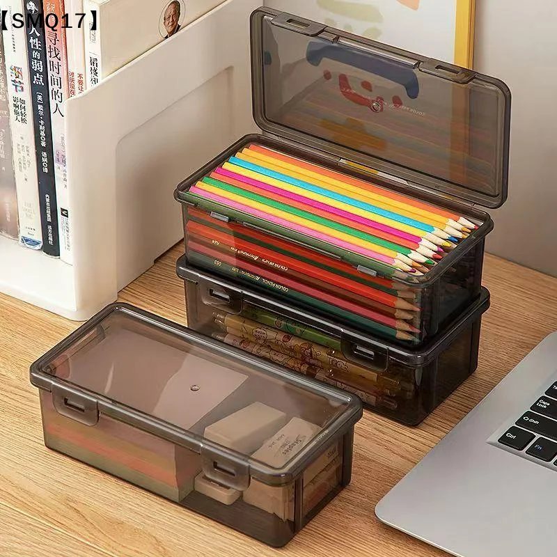 Black Transparent Plastic Storage Box With Lid For Pens Pencils Markers School Supplies Office Organization Desk Organizer【SMQ】