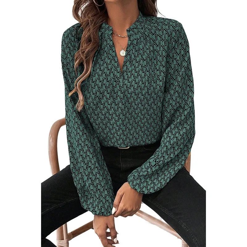 Y2K خريف جديد ريترو البلوز قميص المرأة أنيقة الخامس الرقبة الطباعة طويلة الأكمام فضفاضة موضة تنوعا بلوزة شيفون عادية #6