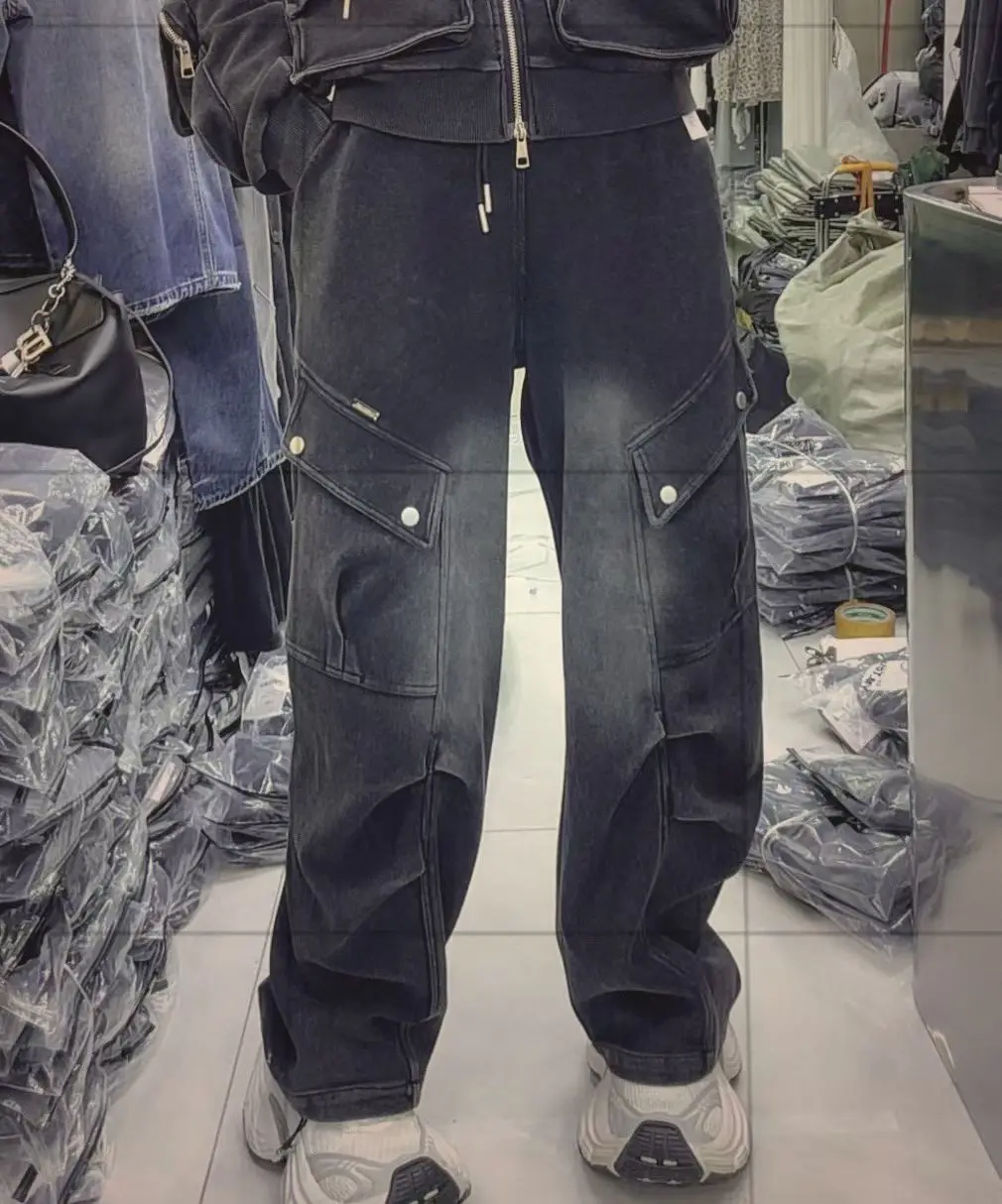 2025 Nuevos pantalones cargo de estilo americano para mujer, pantalones largos informales sueltos de pierna ancha negros para primavera y otoño