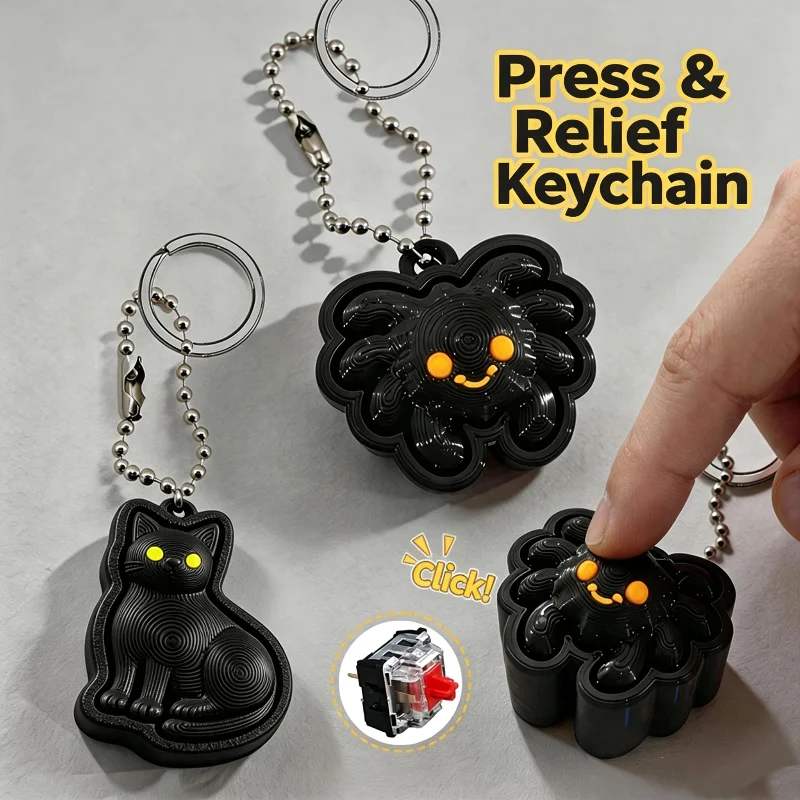 Halloween Press Fidget Keychain 3D Printed Black Cat Spider Shape Clicker Stress Relief Fidget Creative Anxiety Relief Pendant