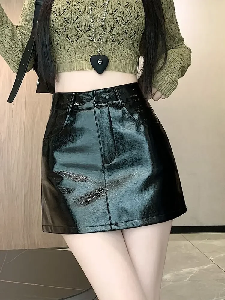 Black Autumn Winter Retro PU leather Pencil Skirt High Waist Sexy Hotsweet Bright Mini Short Skirt Lady